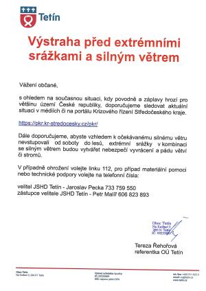 Výstraha před extrémními srážkami a silným větrem